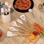 35 Silicone Cooking Utensils Set - 446°F Heat Resistant Silicone Kitchen Utensils for Cooking, Kitchen Utensil Spatula Set w Wooden Handles and Holder, BPA FREE Gadgets for Non-Stick Cookware (Khaki) - Image 3