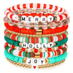 10-Pack Christmas Holiday Bracelet Set - Festive Polymer Clay Heishi Stretch Bracelets with Joyful Messages | Plastic Bead Jewelry Gift for Women | Seasonal Party Accessories