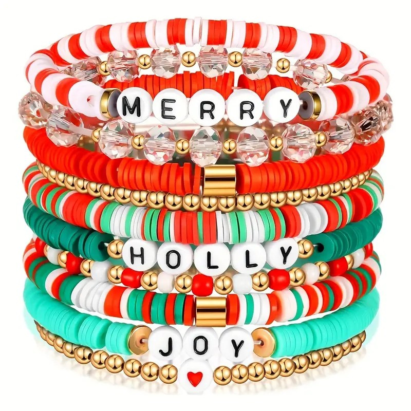 d0102x3we67.jpg 10-Pack Christmas Holiday Bracelet Set - Festive Polymer Clay Heishi Stretch Bracelets with Joyful Messages | Plastic Bead Jewelry Gift for Women | Seasonal Party Accessories - Image 1