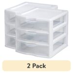 (2 pack) Small 3 Drawer Unit, Clear Plastic Countertop or Desktop Drawers, White