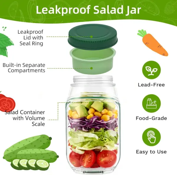 Leak-Resistant Salad Container with Dressing Cup & Side Opening - Travel-Friendly Lunch Box (Green) - Image 3