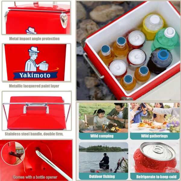 Classic Retro Metal Ice Chest - 13L (14Qt) Portable Cooler with Bottle Opener - Red - Image 4