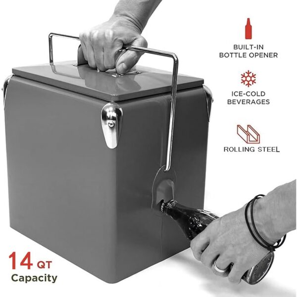 Classic Retro Metal Ice Chest - 13L (14Qt) Portable Cooler with Bottle Opener - Red - Image 6