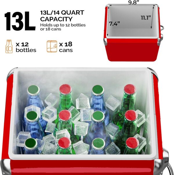 Classic Retro Metal Ice Chest - 13L (14Qt) Portable Cooler with Bottle Opener - Red - Image 7