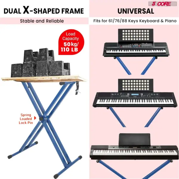5 Core Heavy Duty Double X Keyboard Stand Adjustable for 61 76 and 88 Key Keyboards - Image 18