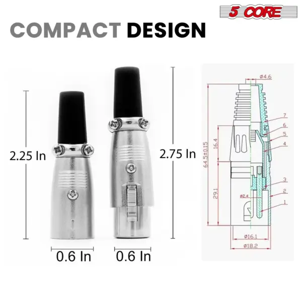 5 Core 3 Pin XLR Male and Female to 1/4 Inch Audio Jack Locking Connector Set - Image 5