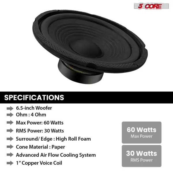 5 Core 6 Inch Car Audio Subwoofer 300W 4 Ohm Replacement Bass Speaker - Image 7