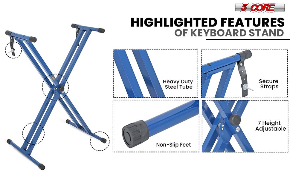 5 Core Heavy Duty Double X Keyboard Stand Adjustable for 61 76 and 88 Key Keyboards