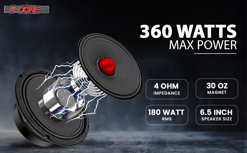 5 Core 6.5 Inch Midrange Car Door Speaker 360W 4 Ohm with Aluminum Bullet
