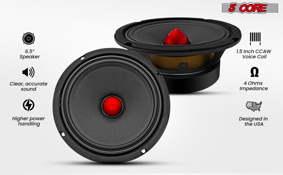 5 Core 6.5 Inch Midrange Car Door Speaker 360W 4 Ohm with Aluminum Bullet
