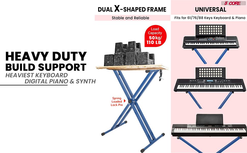 5 Core Heavy Duty Double X Keyboard Stand Adjustable for 61 76 and 88 Key Keyboards