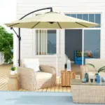 Outsunny 10' Cantilever Tilt Offset Patio Umbrella w/ UV and Water Safe Material and Cross Base (Weight Not Included), Beige - Image 2