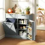 HOMCOM 10 Gallon Farmhouse Kitchen Cabinet with Hidden Trash Can and 2 Drawers, Tilt Out Trash Can Cabinet for Kitchen, Gray - Image 2