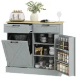 HOMCOM 10 Gallon Farmhouse Kitchen Cabinet with Hidden Trash Can and 2 Drawers, Tilt Out Trash Can Cabinet for Kitchen, Gray - Image 11