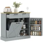 HOMCOM 10 Gallon Farmhouse Kitchen Cabinet with Hidden Trash Can and 2 Drawers, Tilt Out Trash Can Cabinet for Kitchen, Gray