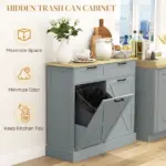 HOMCOM 10 Gallon Farmhouse Kitchen Cabinet with Hidden Trash Can and 2 Drawers, Tilt Out Trash Can Cabinet for Kitchen, Gray - Image 4