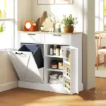 HOMCOM 10 Gallon Farmhouse Kitchen Cabinet with Hidden Trash Can and 2 Drawers, Tilt Out Trash Can Cabinet for Kitchen, White - Image 2