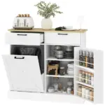 HOMCOM 10 Gallon Farmhouse Kitchen Cabinet with Hidden Trash Can and 2 Drawers, Tilt Out Trash Can Cabinet for Kitchen, White - Image 11