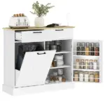 HOMCOM 10 Gallon Farmhouse Kitchen Cabinet with Hidden Trash Can and 2 Drawers, Tilt Out Trash Can Cabinet for Kitchen, White