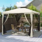 Outsunny 10' x 10' Gazebo Tent, Canopy with Mosquito Netting SideWalls, 2-Tier Vented Roof, Fabric for Garden, Lawn, Backyard, Taupe - Image 2