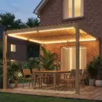Outsunny 10 ft x 10 ft Louvered Pergola with Solar LED lights, Metal Roof, Outdoor Pergola Patio Gazebo with Drainage Gutters, Brown - Image 2