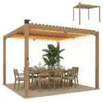 Outsunny 10 ft x 10 ft Louvered Pergola with Solar LED lights, Metal Roof, Outdoor Pergola Patio Gazebo with Drainage Gutters, Brown