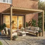 Outsunny 10 ft x 10 ft Louvered Pergola with Solar LED lights, Metal Roof, Outdoor Pergola Patio Gazebo with Drainage Gutters, Brown - Image 9