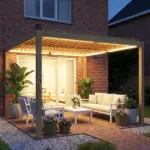Outsunny 10 ft x 10 ft Louvered Pergola with Solar LED lights, Metal Roof, Outdoor Pergola Patio Gazebo with Drainage Gutters, Brown - Image 10