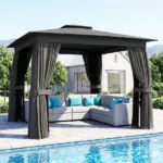 10' x 10' Outdoor Patio Gazebo, Soft Top Gazebo Canopy Shelter with Curtains, Netting, Steel Frame, Hook, Dark Gray - Image 11