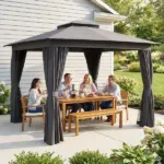 10' x 10' Outdoor Patio Gazebo, Soft Top Gazebo Canopy Shelter with Curtains, Netting, Steel Frame, Hook, Dark Gray - Image 10