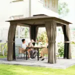 10' x 10' Outdoor Patio Gazebo, Soft Top Gazebo Canopy Shelter with Curtains, Netting, Steel Frame, Hook, Khaki - Image 2