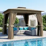 10' x 10' Outdoor Patio Gazebo, Soft Top Gazebo Canopy Shelter with Curtains, Netting, Steel Frame, Hook, Khaki - Image 11