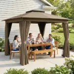 10' x 10' Outdoor Patio Gazebo, Soft Top Gazebo Canopy Shelter with Curtains, Netting, Steel Frame, Hook, Khaki - Image 10