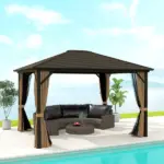 10' x 12' Hard Roof Gazebo with Curtains and Netting, Gazebo with Aluminum Frame and Hooks, Coffee - Image 2