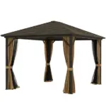 10' x 12' Hard Roof Gazebo with Curtains and Netting, Gazebo with Aluminum Frame and Hooks, Coffee