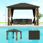 10' x 12' Hard Roof Gazebo with Curtains and Netting, Gazebo with Aluminum Frame and Hooks, Coffee - Image 3