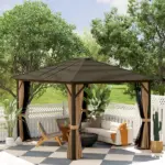10' x 12' Hard Roof Gazebo with Curtains and Netting, Gazebo with Aluminum Frame and Hooks, Coffee - Image 10