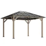Outsunny 10 ft x 12 ft Hardtop Gazebo with Galvanized Steel Roof, UPF50+ Wood Permanent Pavilion with Clear Roof Top, Light Walnut - Image 11