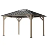 Outsunny 10 ft x 12 ft Hardtop Gazebo with Galvanized Steel Roof, UPF50+ Wood Permanent Pavilion with Clear Roof Top, Light Walnut