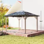 Outsunny 10 ft x 12 ft Hardtop Gazebo with Galvanized Steel Roof, UPF50+ Wood Permanent Pavilion with Clear Roof Top, Light Walnut - Image 3