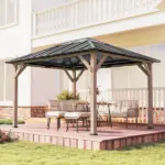 Outsunny 10 ft x 12 ft Hardtop Gazebo with Galvanized Steel Roof, UPF50+ Wood Permanent Pavilion with Clear Roof Top, Light Walnut - Image 9