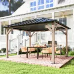 Outsunny 10 ft x 12 ft Hardtop Gazebo with Galvanized Steel Roof, UPF50+ Wood Permanent Pavilion with Clear Roof Top, Light Walnut - Image 10