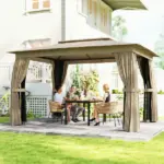 Outsunny 10 ft x 12 ft Outdoor Patio Gazebo, Soft Top Gazebo Canopy Shelter with Curtains, Netting, Steel Frame, Hooks, Khaki - Image 2