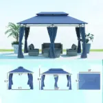Outsunny 10 ft x 13 ft Double Roof Patio Gazebo, Outdoor Gazebo with Curtains, for Garden, Lawn, Backyard and Deck, Dark Blue - Image 3