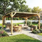 Outsunny 10 ft x 14 ft Wooden Gazebo, Hardtop Lean-to Gazebo Pergola with Galvanized Steel Sloped Roof, Bar Shelf, Natural Wood - Image 11