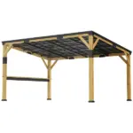 Outsunny 10 ft x 14 ft Wooden Gazebo, Hardtop Lean-to Gazebo Pergola with Galvanized Steel Sloped Roof, Bar Shelf, Natural Wood