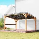 Outsunny 10 ft x 14 ft Wooden Gazebo, Hardtop Lean-to Gazebo Pergola with Galvanized Steel Sloped Roof, Bar Shelf, Natural Wood - Image 3