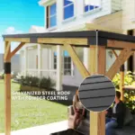 Outsunny 10 ft x 14 ft Wooden Gazebo, Hardtop Lean-to Gazebo Pergola with Galvanized Steel Sloped Roof, Bar Shelf, Natural Wood - Image 4