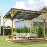 Outsunny 10 ft x 14 ft Wooden Gazebo, Hardtop Lean-to Gazebo Pergola with Galvanized Steel Sloped Roof, Bar Shelf, Natural Wood - Image 7