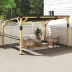 Outsunny 10 ft x 14 ft Wooden Gazebo, Hardtop Lean-to Gazebo Pergola with Galvanized Steel Sloped Roof, Bar Shelf, Natural Wood - Image 8